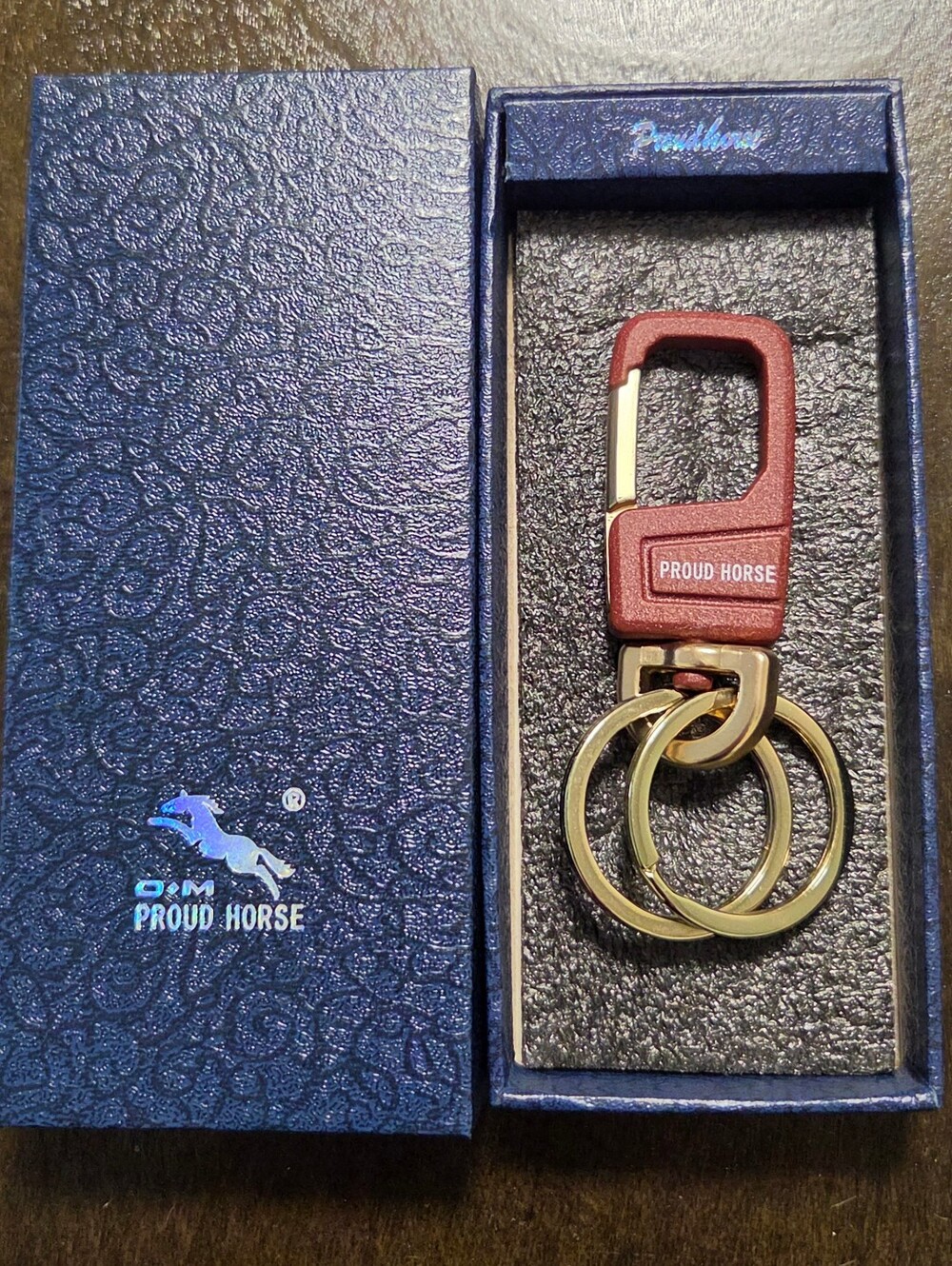 Proud Horse Gold-Tone & Burgundy Alloy Carabiner Keychain New in Gift Box